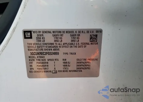 2015 Chevrolet Silverado K1500 Lt из США, поврежденный, VIN 3GCUKREC2FG524869